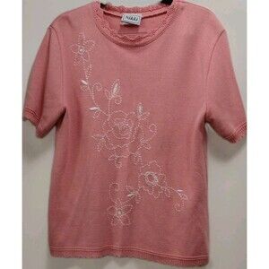 Vintage Nikki Pink Knit Sweater L Floral Embroidered Grannycore Cottagecore Y2K